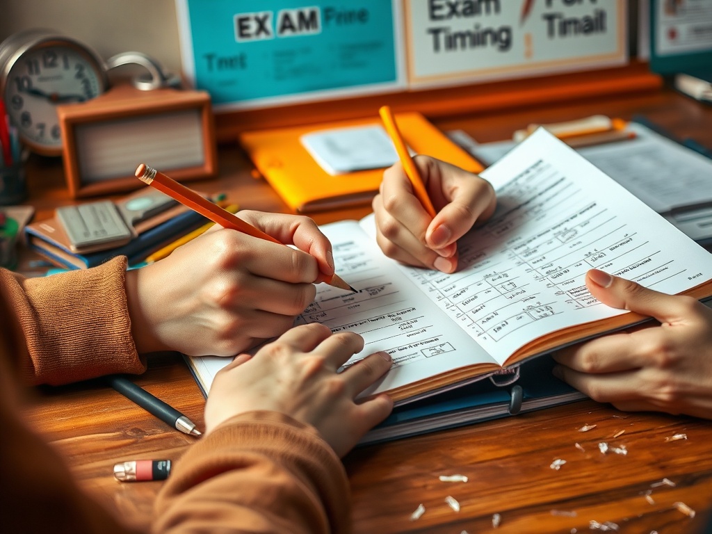 Две пары рук, пишущих в блокнот на столе, среди учебных материалов и часов. Обстановка учебы и подготовки.