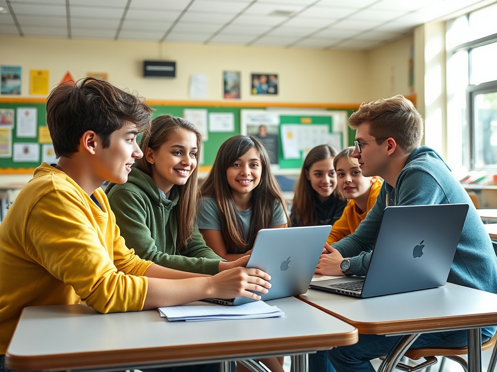 Группа студентов работает за столом в классе, обсуждая проект на ноутбуках.