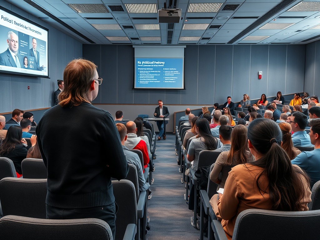 В аудитории проходит обсуждение политических вопросов, участники внимательно слушают ораторов.