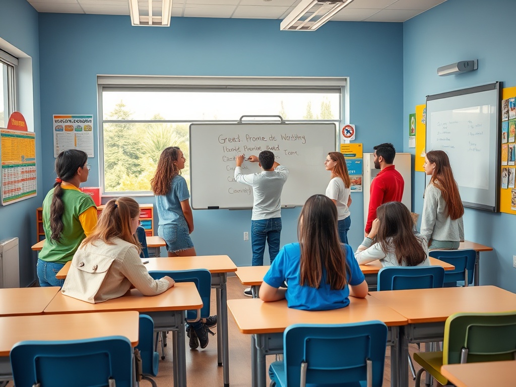 Учебный класс, ученики обсуждают идеи у доски, в атмосфере сотрудничества и обучения.