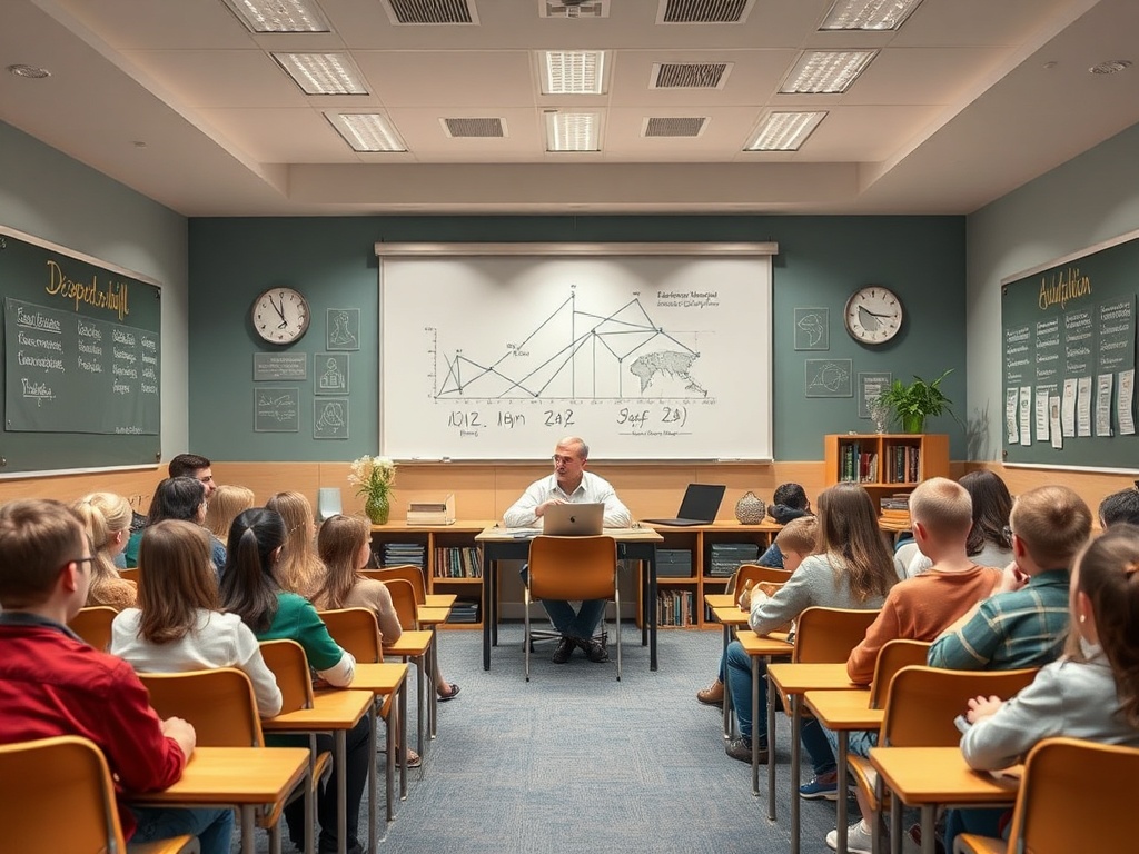 Класс с учениками, где учитель объясняет материал с помощью графиков на доске.