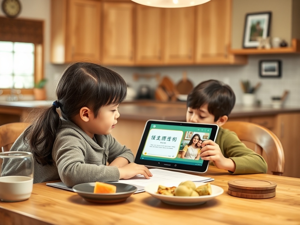 Два ребенка занимаются за столом, используя планшет. Вокруг лежат еда и книги. 