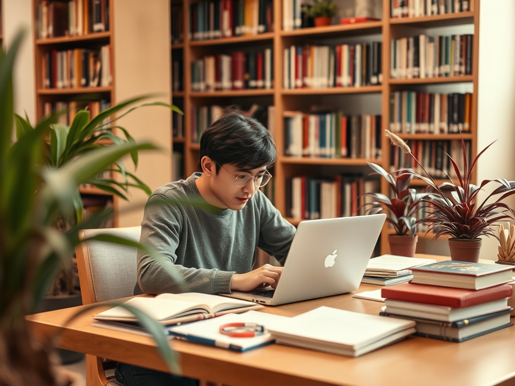 Студент сидит за столом в библиотеке, работает на ноутбуке, вокруг книги и зеленые растения.