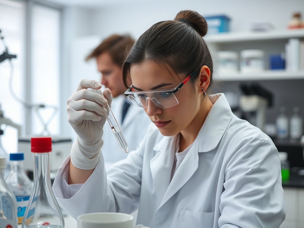 Женщина в лабораторном халате и защитных очках изучает образец в пробирке. На заднем плане другой человек.