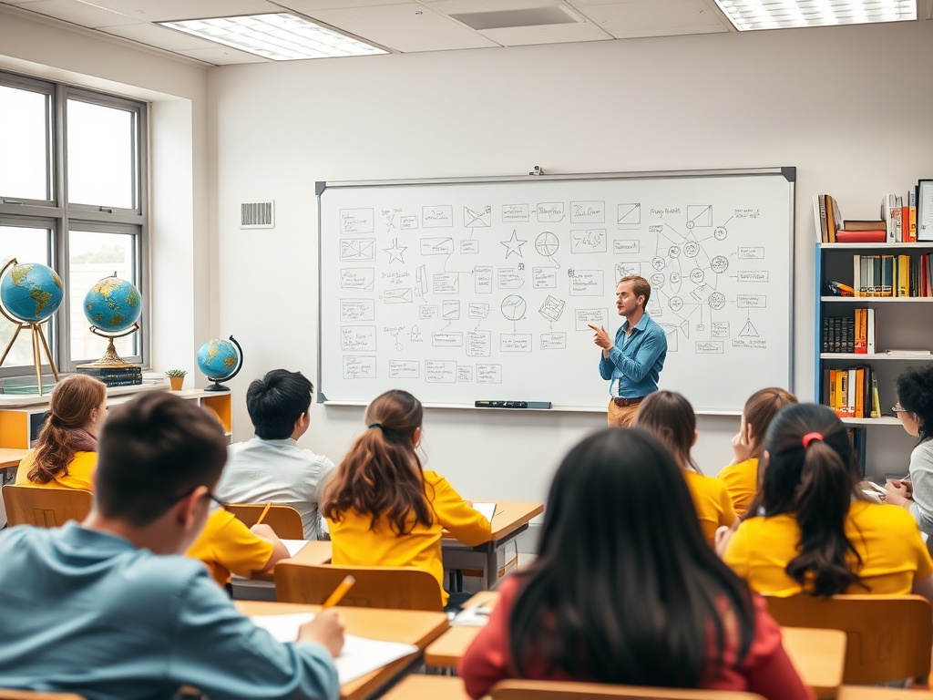 На уроке учитель объясняет материал, учащиеся внимательно слушают и делают заметки.