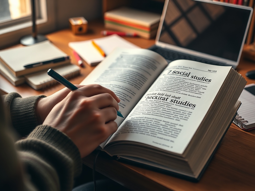 На изображении открытая книга, ручка и предметы для учёбы на столе возле окна.