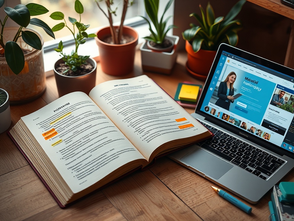 Открытая книга с пометками и ноутбук на столе, окружённый горшечными растениями.