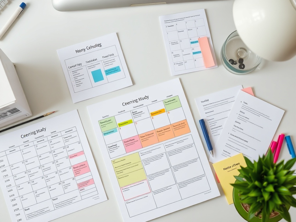 На столе лежат учебные таблицы, заметки и канцелярские принадлежности. Процесс планирования учебы.