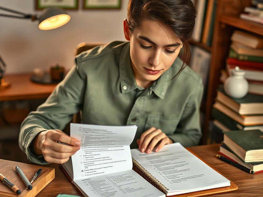 Молодая женщина изучает список задач в блокноте на столе, окружённом книгами и канцелярией.
