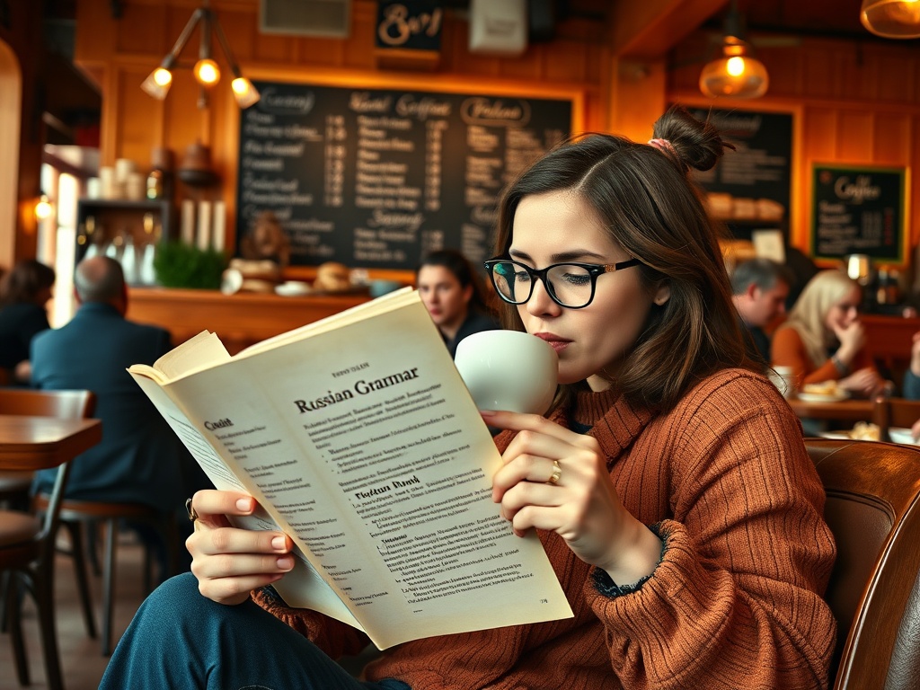 Девушка в свитере читает книгу по русской грамматике и пьет кофе в кафе с уютной атмосферой.