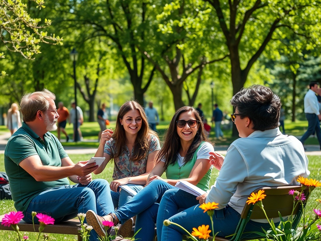 Четыре человека смеются и общаются на свежем воздухе, сидя на скамейке среди цветущих растений.