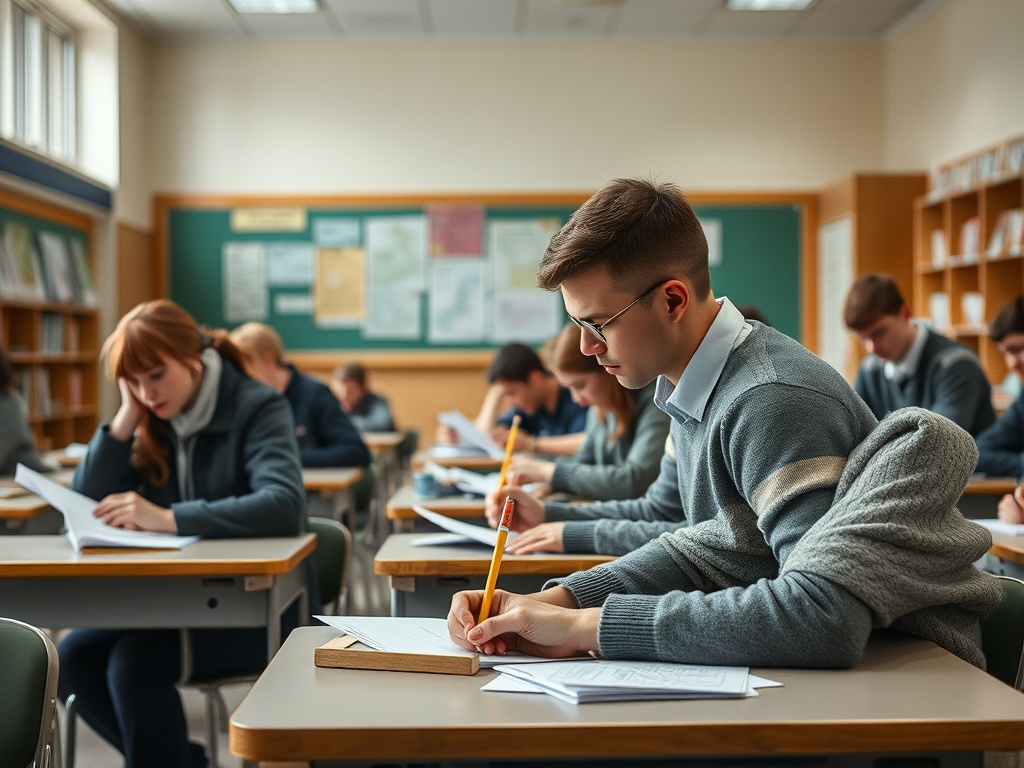 В классе студенты пишут контрольную работу, сосредоточенные на своих заданиях.