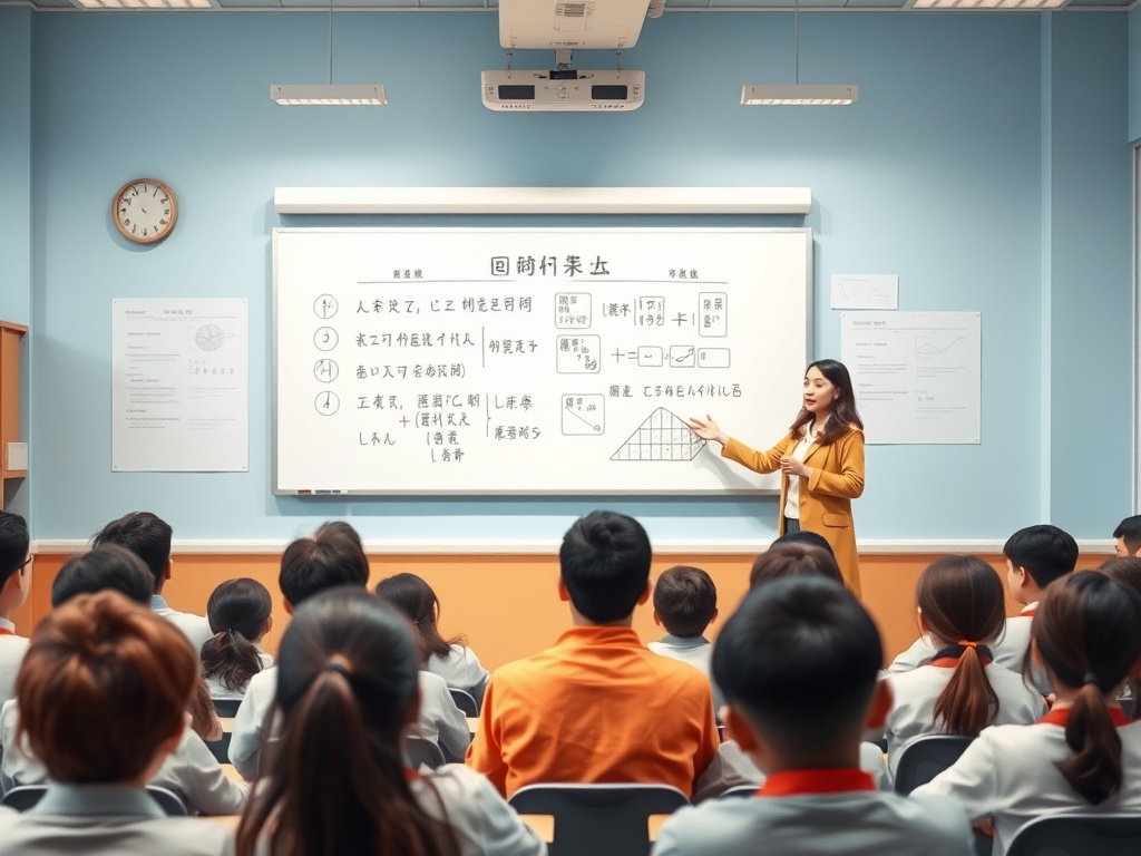 Учительница объясняет материал ученикам в классе, на доске написаны графики и формулы.