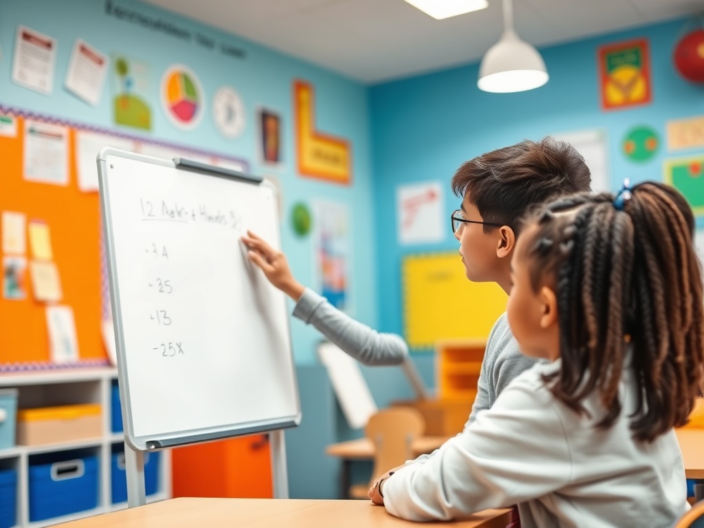 Дети в классе решают математическую задачу у доски с примерами. Аудитория ярко оформлена.