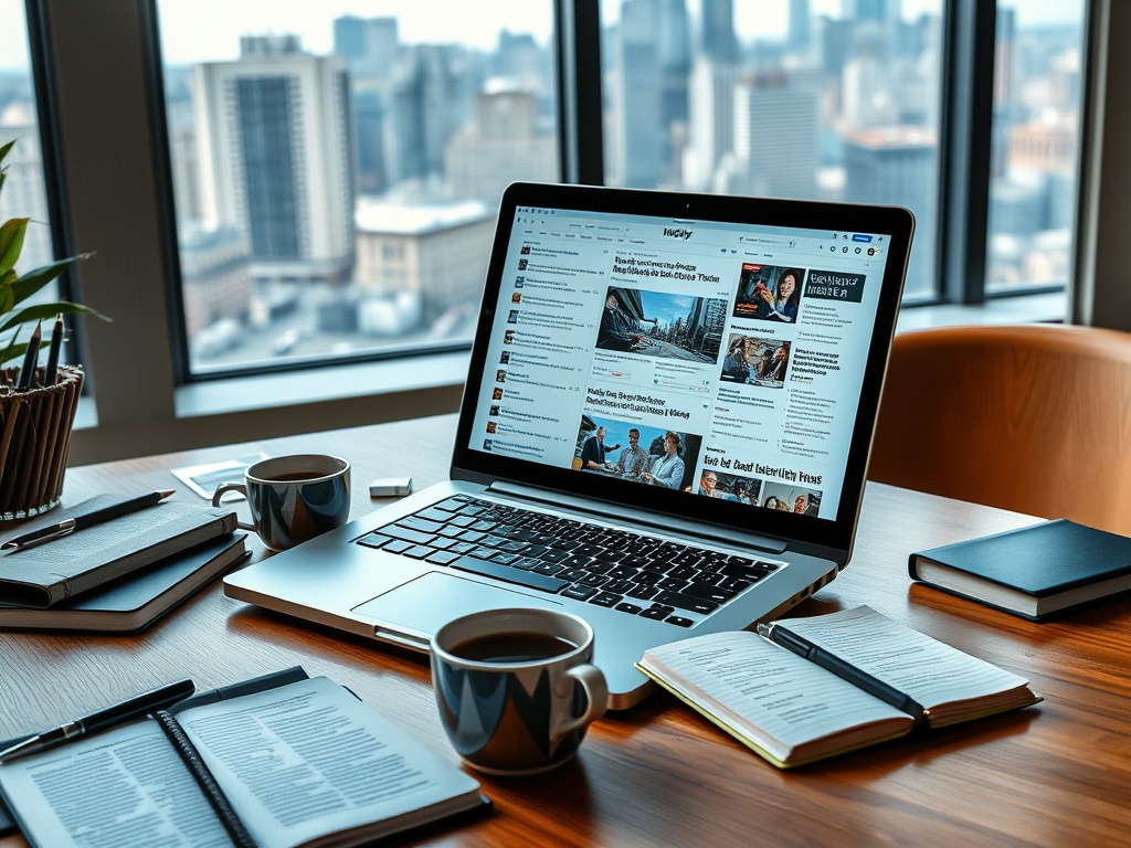 На столе ноутбук с открытым новостным веб-сайтом, рядом чашки кофе и блокноты, вид на город через окно.