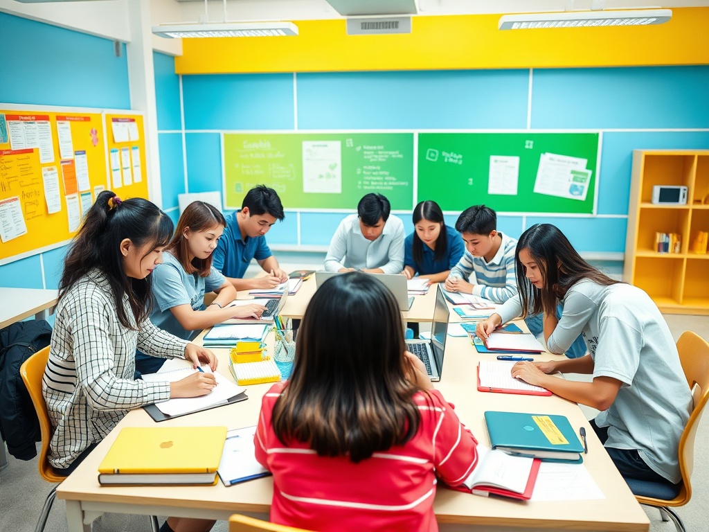 Группа студентов за столом, они учатся и работают над проектами в ярком и современном классе.